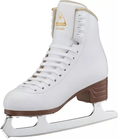 Jackson Ultima Artiste JS1790 Women’s and Girls’ Figure Skates 9 Jackson Ultima Artiste JS1790 figure skate, angled inside view: gold Jackson Artiste logo on the tongue, white laces and hooks, brown stacked-look heel, toe pick