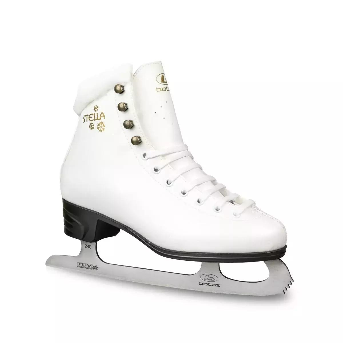 BOTAS Stella Sport white figure skate with graphite sole, gold Stella lettering and TUV GS etched Botas blade