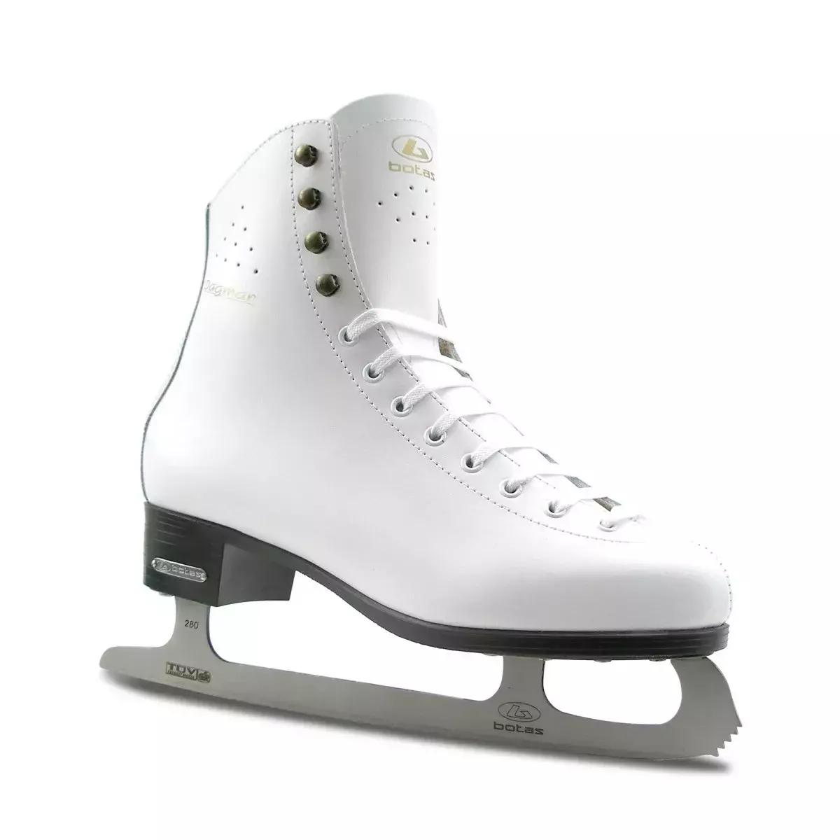 BOTAS Dagmar VERTIGO Women’s and Girls’ Figure Skates BOTAS Dagmar VERTIGO white figure skate, three-quarter view with gold Dagmar lettering, four brass hooks and graphite sole