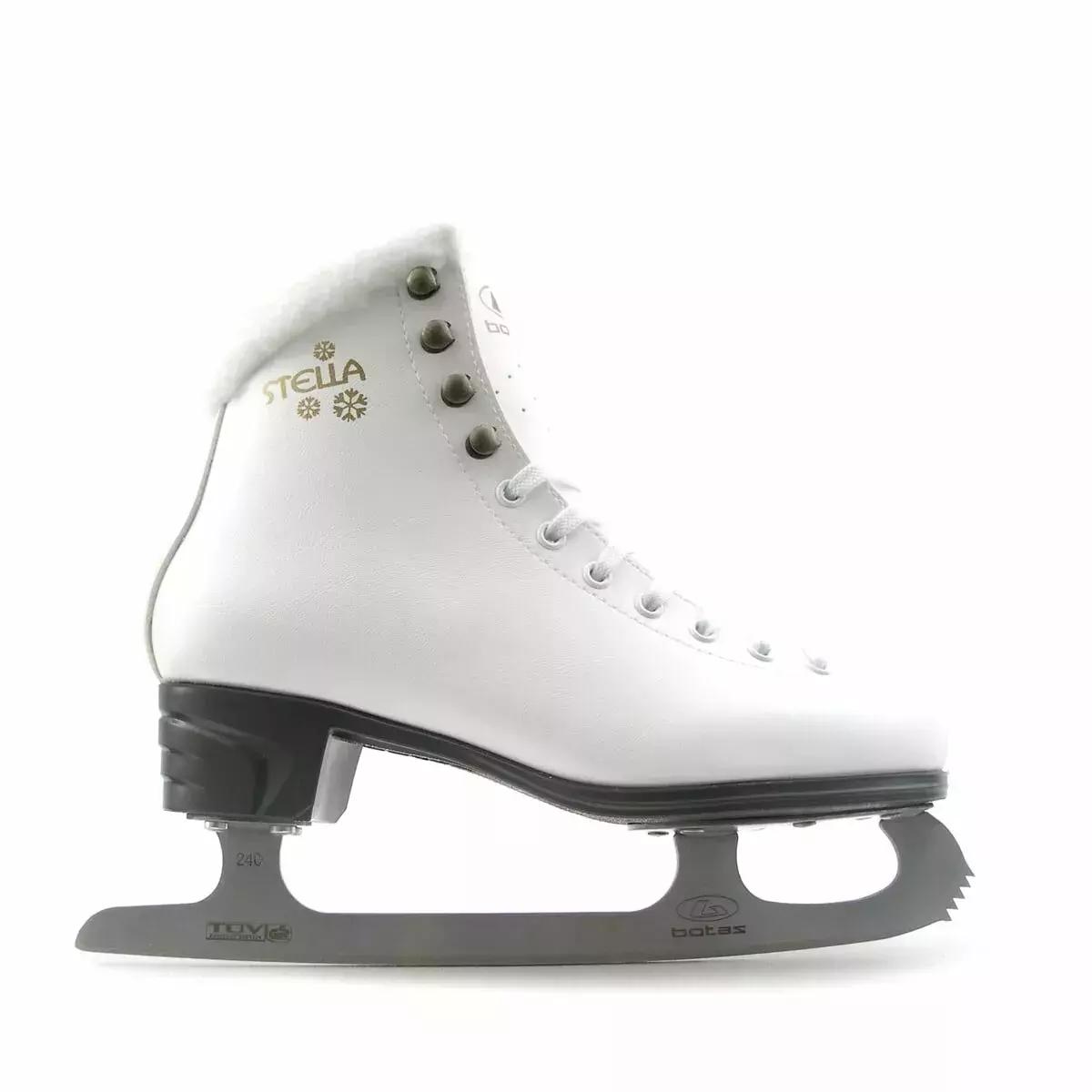 Pair of Botas Stella Sport white figure skates with plush collars and stainless blades