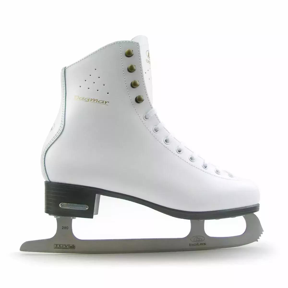 BOTAS Dagmar VERTIGO Women’s and Girls’ Figure Skates 8 Side view of the BOTAS Dagmar VERTIGO skate with gold Dagmar script, perforated ankle vents and the TÜV mark etched near the blade heel