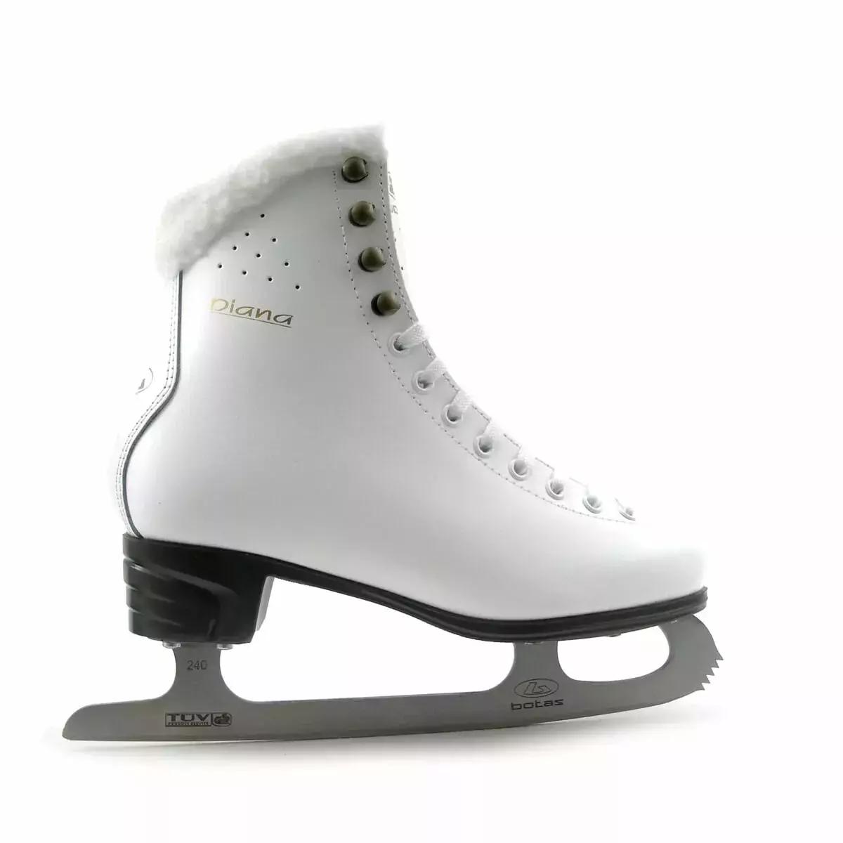 Botas Diana women's figure skate, outside profile with gold Diana script, plush collar and TUV GS certified Botas blade