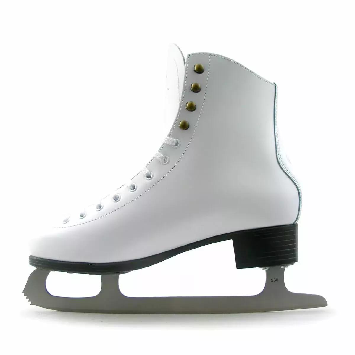 BOTAS Dagmar VERTIGO Women’s and Girls’ Figure Skates 7 Inside profile of the white BOTAS Dagmar VERTIGO boot on its graphite heel with satin-finish blade