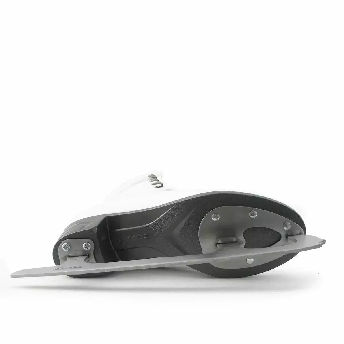 Underside of a Botas Diana VERTIGO figure skate: graphite plastic sole with the stainless steel blade screw-mounted at toe and heel