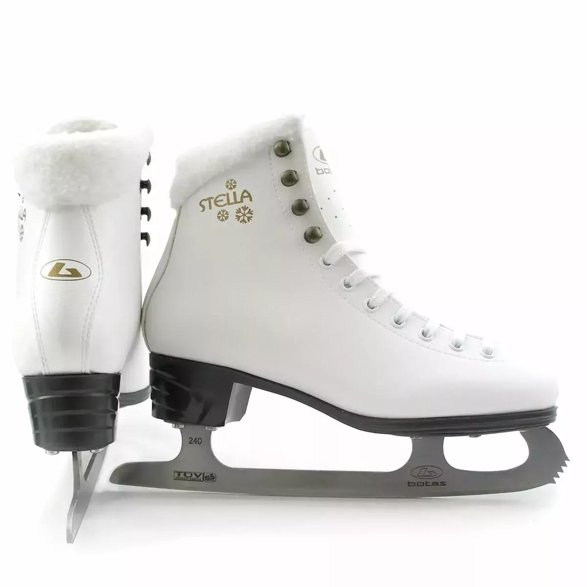 Botas Stella Sport white figure skate rear-side view with gold snowflake lettering