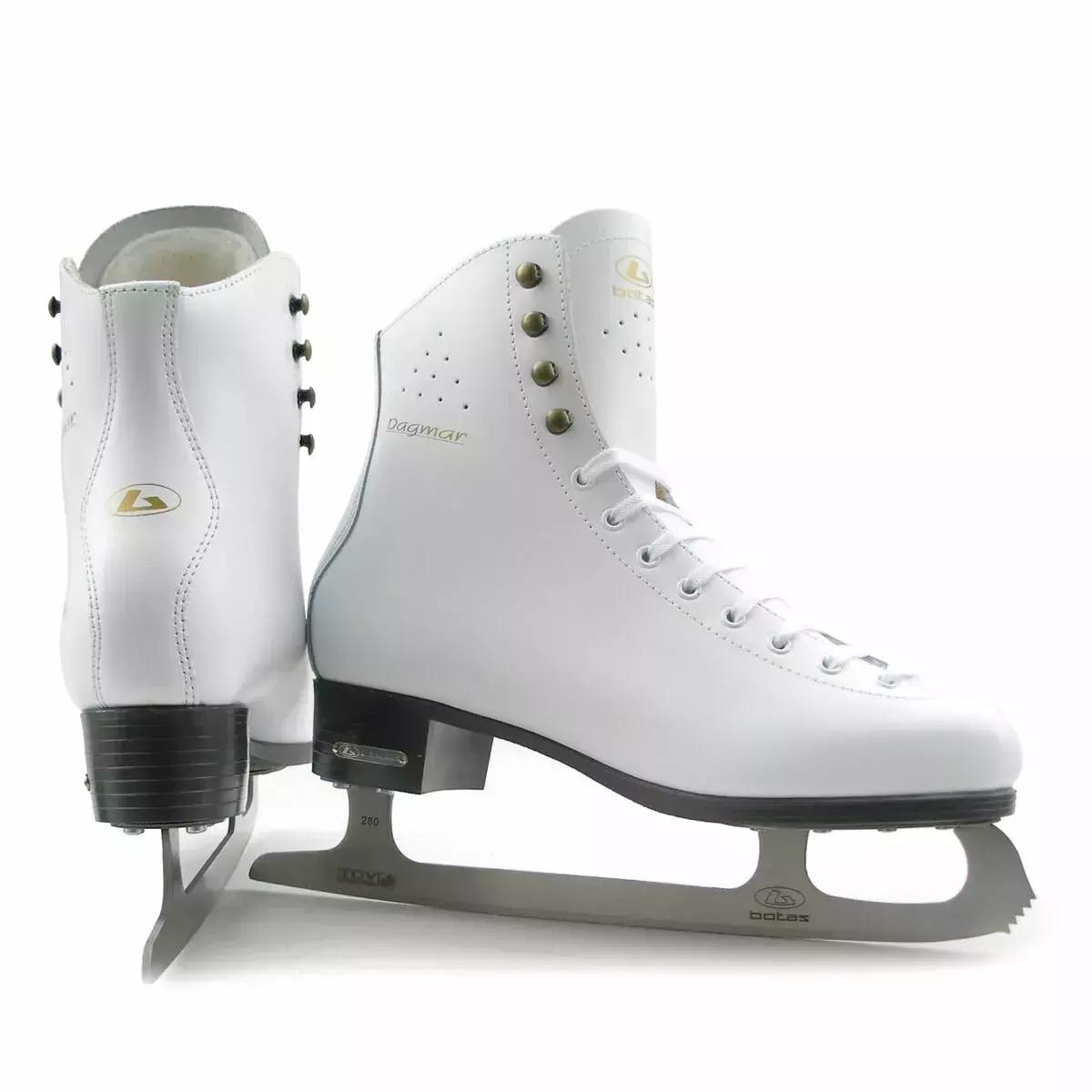 BOTAS Dagmar VERTIGO Women’s and Girls’ Figure Skates 5 Back view of a BOTAS Dagmar VERTIGO skate showing the padded collar, back-seam piping and stacked-look graphite heel
