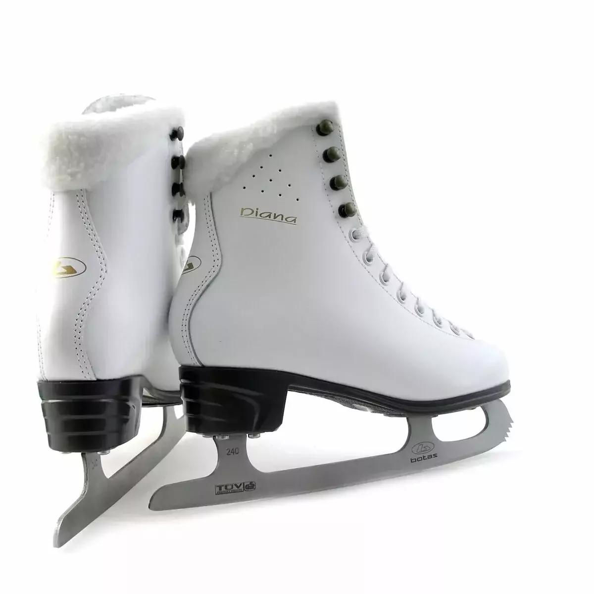 Pair of Botas Diana figure skates from the rear, showing the plush collars, heel blocks and Botas blades