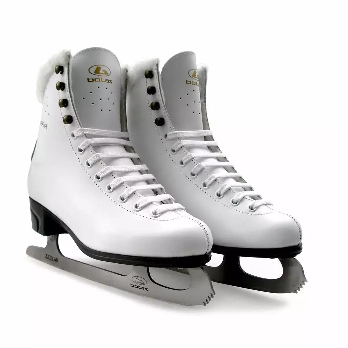 Pair of white Botas Diana women's figure skates with plush collars, front three-quarter view