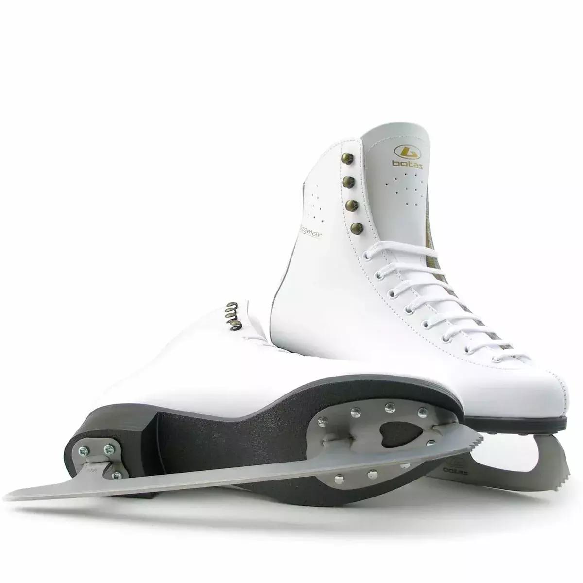 BOTAS Dagmar VERTIGO Women’s and Girls’ Figure Skates 3 BOTAS Dagmar VERTIGO pair with one skate tipped over, showing the blade mounting plates and felt-lined tongue