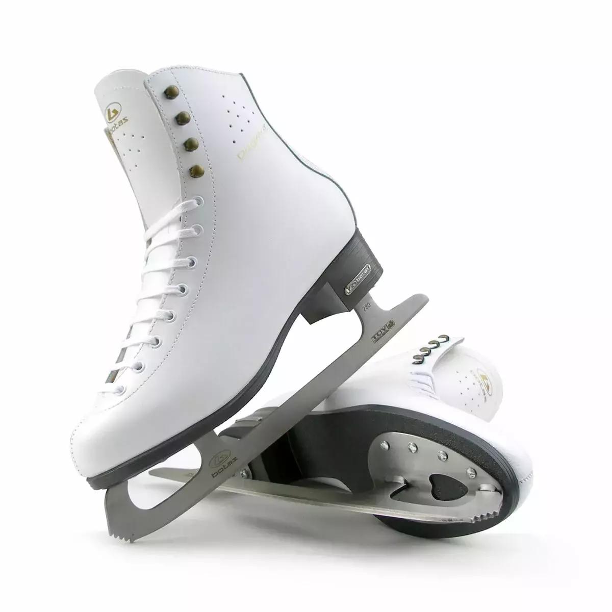 BOTAS Dagmar VERTIGO Women’s and Girls’ Figure Skates 2 Pair of BOTAS Dagmar VERTIGO skates stacked to show the graphite sole, screw-mounted plates and TÜV-marked Sabrina blade
