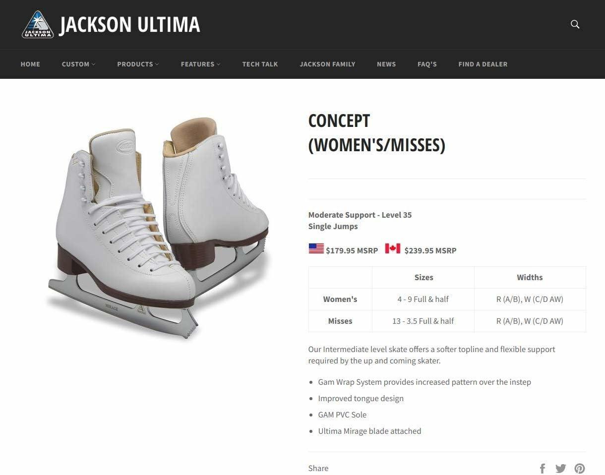 Jackson Ultima product page for the GAM Concept: support level 35, size and width table, feature list