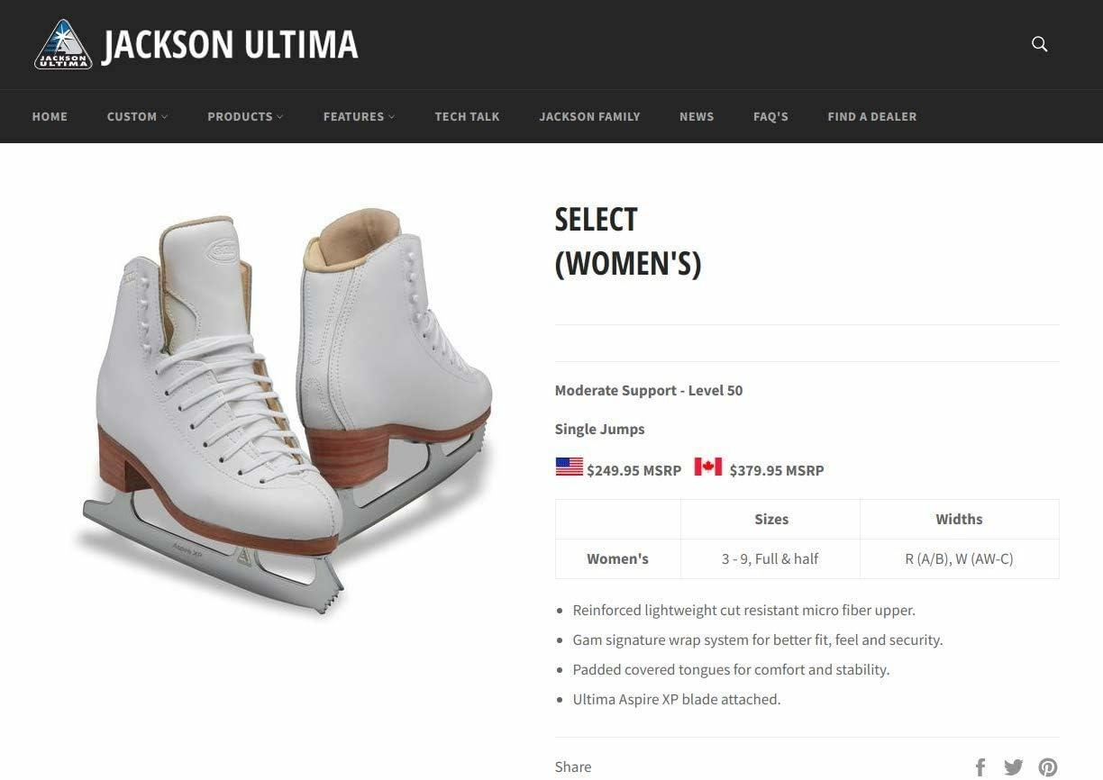 Jackson Ultima product listing for the GAM Select women's skate: moderate support level 50, single jumps, sizes 3 to 9 in R and W widths, Aspire XP blade
