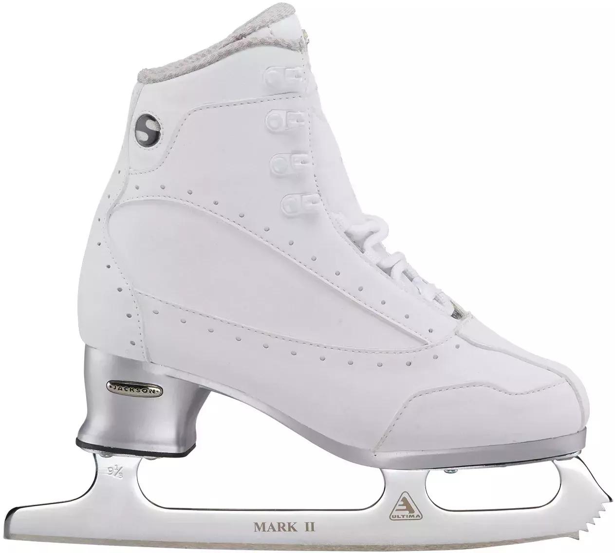 Jackson Ultima Softec Elite ST7200 Women’s Ice Skates / White 2 White Jackson Softec Elite ST7200 skate, outside view showing the Softec badge, white lace hooks and Mark II blade