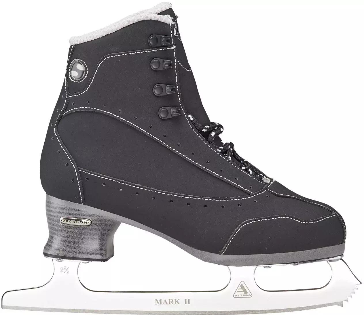 Outside of the black Softec Elite ST7200 boot with the round Softec badge, four open lace hooks and the Jackson badge on the stacked-look heel