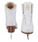 Jackson Ultima Mystique JS1490/JS1491 Women’s and Girls’ Figure Skates 13 Front and back views of the Jackson Ultima Mystique JS1490 figure skate showing the gold Mystique tongue logo and tan padded topline