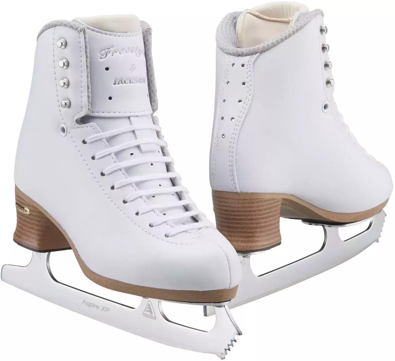 Pair of Jackson Ultima Freestyle Fusion FS2190 white figure skates with mounted Aspire XP blades