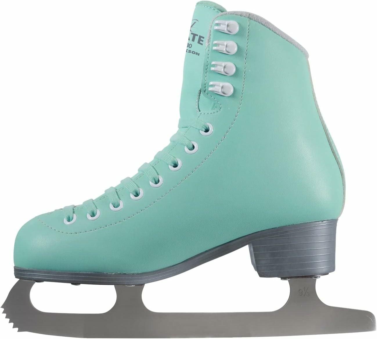 Jackson Ultima Classic SoftSkate 380 Women’s and Girls’ Ice Skates Mint 4 Mint Jackson SoftSkate 380 ice skate, side profile showing the dark gray PVC sole, stacked-look heel and Ultima Mark I blade