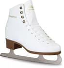 Botas Regina white figure skate, adult boot side view: four pairs of hooks, gold Regina lettering, brown plastic sole and Botas Nicole blade