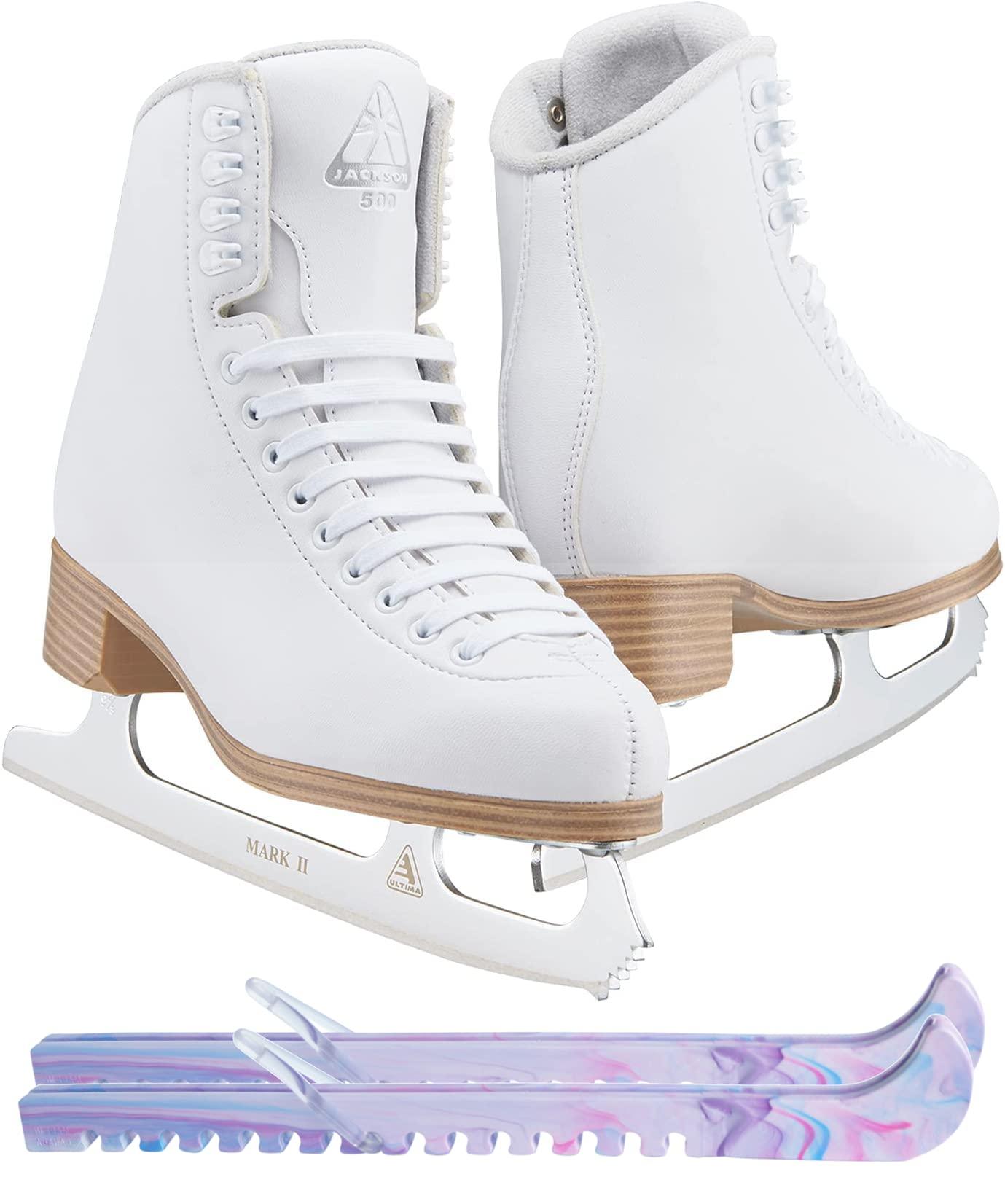 Jackson Classic 500 Ice Skate Bundle — Skate guards Jackson Classic 500 Womens/Girls Figure Ice Skates, Medium Width, Womens Size 4 with Top Notch Skate Guard