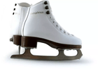 Botas Regina Jr. figure skates, pair seen from the side with the brown heel blocks and Nicole blades