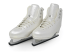 Belati Iris Perla Women’s Figure Ice Skates Made in Italy 262 Front view of Belati Iris Perla boots with Belati crest tongues and champagne laces