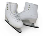 Pair of white Belati Iris Microfiber figure skates with protective blade covers