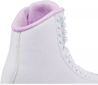 Close-up of the Jackson SoftSkate 380 thick padded rolled collar lined in lilac fleece above the lace hooks