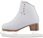Jackson Ultima Elle FS2130 figure skate, inside view: white boot with four silver lace hooks, tan stacked-look heel and Ultima Mirage blade
