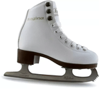 Botas Regina Jr. white figure skate, inner side view with gold Regina lettering, three hooks and botas-etched Nicole blade