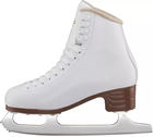 Jackson Ultima Excel figure skate, inside view showing the vinyl-coated boot, eyelets, lace hooks and brown PVC sole