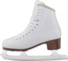 Jackson Ultima Mystique JS1490/JS1491 Women’s and Girls’ Figure Skates 9 Inside view of a white Jackson Ultima Mystique JS1490 figure skate showing the brown stacked PVC heel and Mark II blade