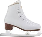 Jackson Ultima Mystique JS1490/JS1491 Women’s and Girls’ Figure Skates 12 Outside profile of the white Jackson Ultima Mystique JS1490 figure skate with JACKSON embossed on the brown heel