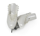 Belati Iris Perla Women’s Figure Ice Skates Made in Italy 265 Top view of pearl Belati Iris Perla skates with silver hardware and blade guards