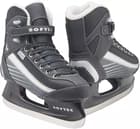 Jackson Ultima Softec Sport ST6102 ice skates, a black pair on black plastic hockey blade holders printed SOFTEC