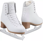 Jackson Ultima Elle Fusion FS2130 figure skates: pair of white microfiber boots with silver Elle tongue logo, tan Fusion soles and Ultima Mirage blades