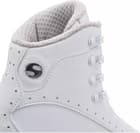 Jackson Ultima Softec Elite ST7200 Women’s Ice Skates / White 21 Close-up of the white Softec Elite ST7200 lace hooks, round Softec badge, punched vent holes and gray knit collar