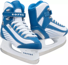 Jackson Ultima Softec Sport ST6100 / ST6101 Women’s and Girls’ Ice Skates with Hockey Blade 8 Jackson Ultima Softec Sport ST6100 ice skates, a white and blue pair on white plastic hockey blade holders printed SOFTEC
