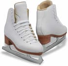 GAM Select 490 white figure skates, angled pair view showing the embossed GAM tongue, tan lining, layered cork-leather sole and Ultima Aspire XP blade