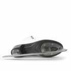 Underside of a Botas Diana VERTIGO figure skate: graphite plastic sole with the stainless steel blade screw-mounted at toe and heel