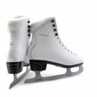 Pair of Botas Diana figure skates from the rear, showing the plush collars, heel blocks and Botas blades