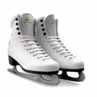 Pair of white Botas Diana women's figure skates with plush collars, front three-quarter view