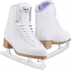 Pair of white Jackson Ultima Classic SoftSkate 380 ice skates with lilac fleece collars and Ultima Mark I blades