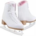 Jackson Classic SoftSkate 380 pink ice skates, a pair angled to show the white boots, pink fleece collars and white Ultima Mark I blades