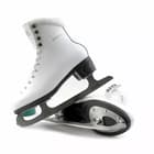Pair of Botas Diana figure skates stacked, showing the graphite sole, heel plate and toe pick of the Botas blade