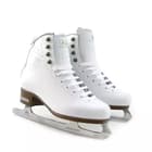 BOTAS Cindy Women’s and Girls’ Figure Skates 14 Pair of BOTAS Cindy white leather figure skates from the front, showing the white laces, eyelets, ankle hooks and toe picks