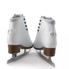 BOTAS Cindy Women’s and Girls’ Figure Skates 15 Rear view of BOTAS Cindy figure skates showing the elastic cuff, botas heel badge, brown stacked heel and the TÜV mark etched on the blades