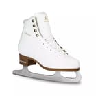 BOTAS Cindy Women’s and Girls’ Figure Skates 11 BOTAS Cindy white leather figure skate, outer side, showing the gold Cindy lettering, four antique-brass hooks and the brown plastic sole