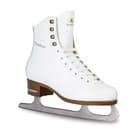 BOTAS Dagmar Women’s and Girls’ Figure Skates 6 BOTAS Dagmar white leather figure skate, side view: gold Dagmar lettering, four brass hooks, brown plastic sole and Botas Sabrina blade