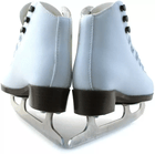 Botas Regina Jr. figure skates from behind: padded ankle, brown heel blocks and screw-mounted blade plates