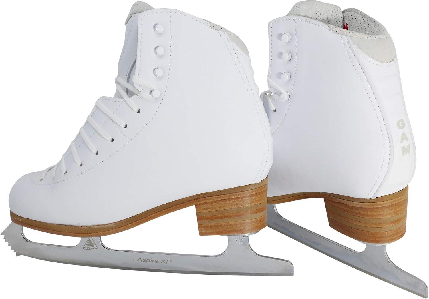 GAM Silver Label G0780 white figure skates, side and back view with Aspire XP blade and heel-lock padding
